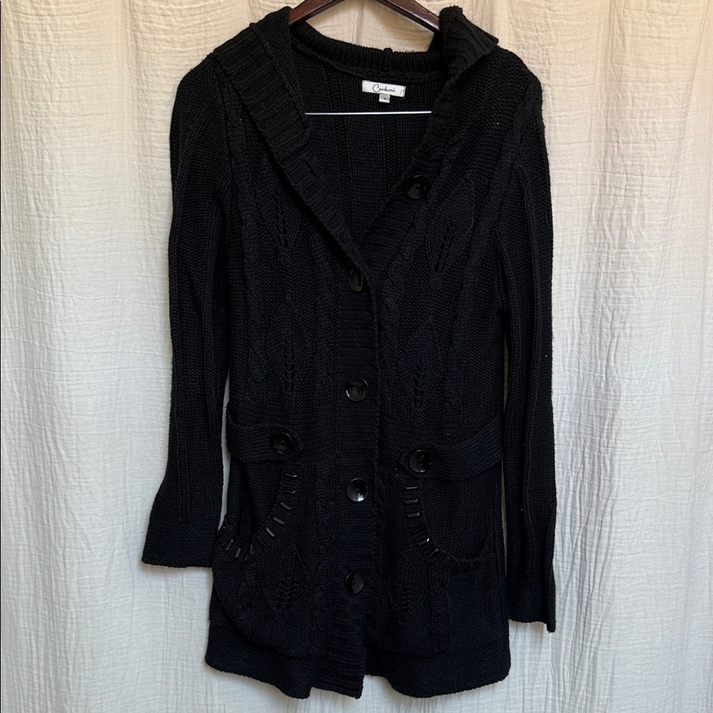 Carducci Black Knit Cardigan with Hood